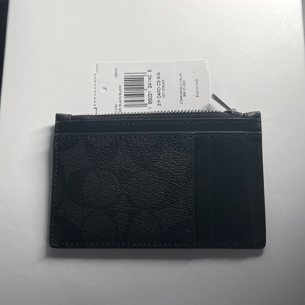 NWT mens coach zip card/wallet black/grey signature